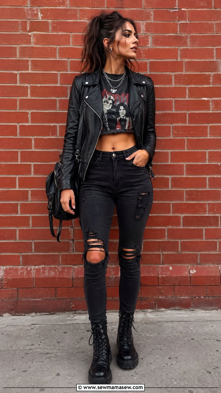 Leather jacket and ripped jeans edgy look - 35 First day of college outfit ideas