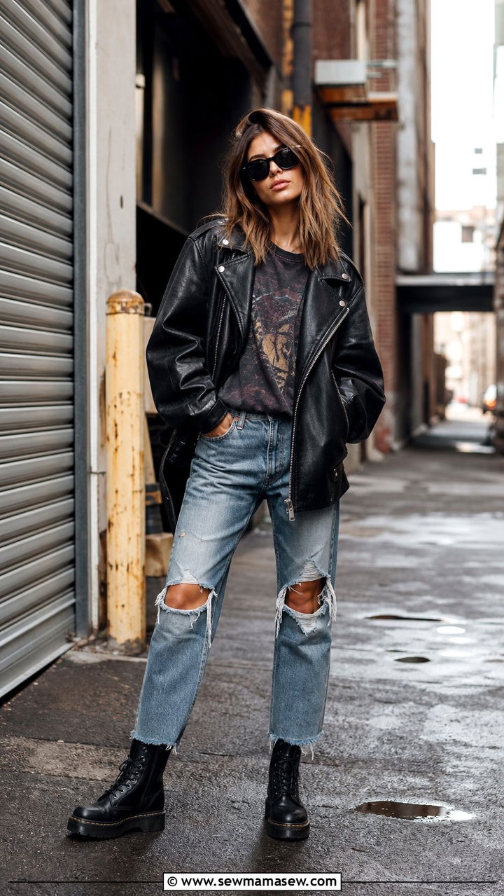 Leather jacket and ripped jeans outfit - 25 streetwear outfits aesthetic