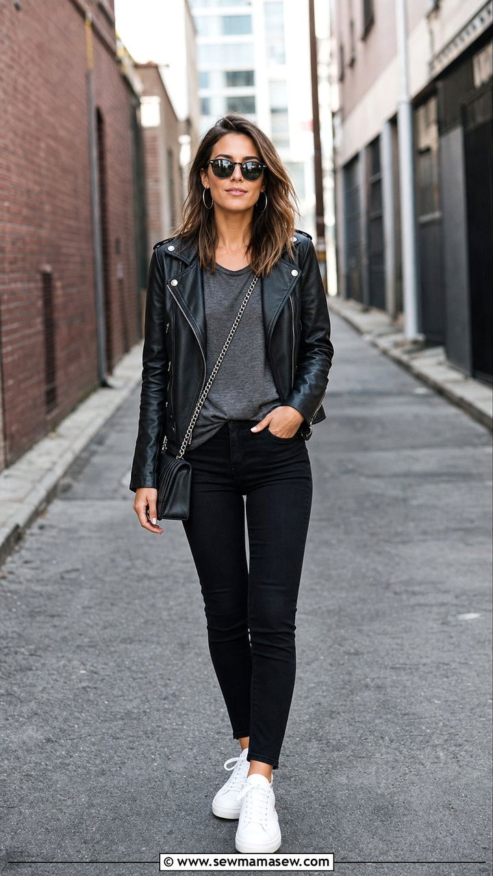 Leather jacket and skinny jeans with white sneakers - 25 Skinny jeans outfit ideas with white sneakers