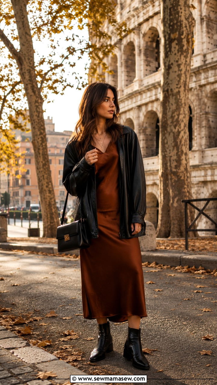 Leather jacket and slip dress outfit Rome fall - 30 Italy outfits for women