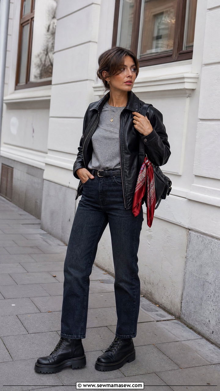 Leather jacket and straight leg jeans Copenhagen outfit - 25 casual Copenhagen outfits