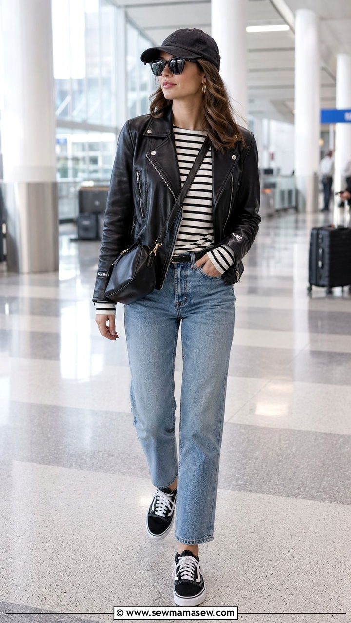 Leather jacket and straight leg jeans airport outfit - 35 airport outfits 2026
