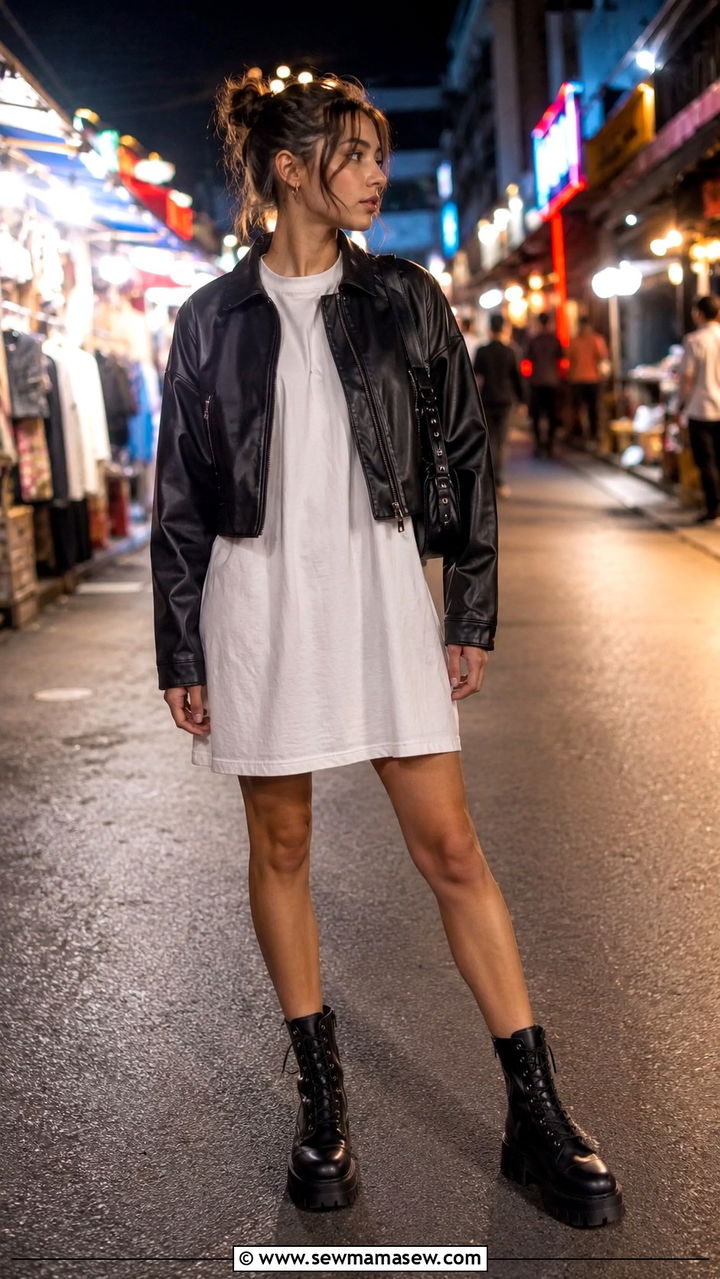 Leather jacket and t shirt dress travel outfit - 25 Minimalist travel capsule wardrobe