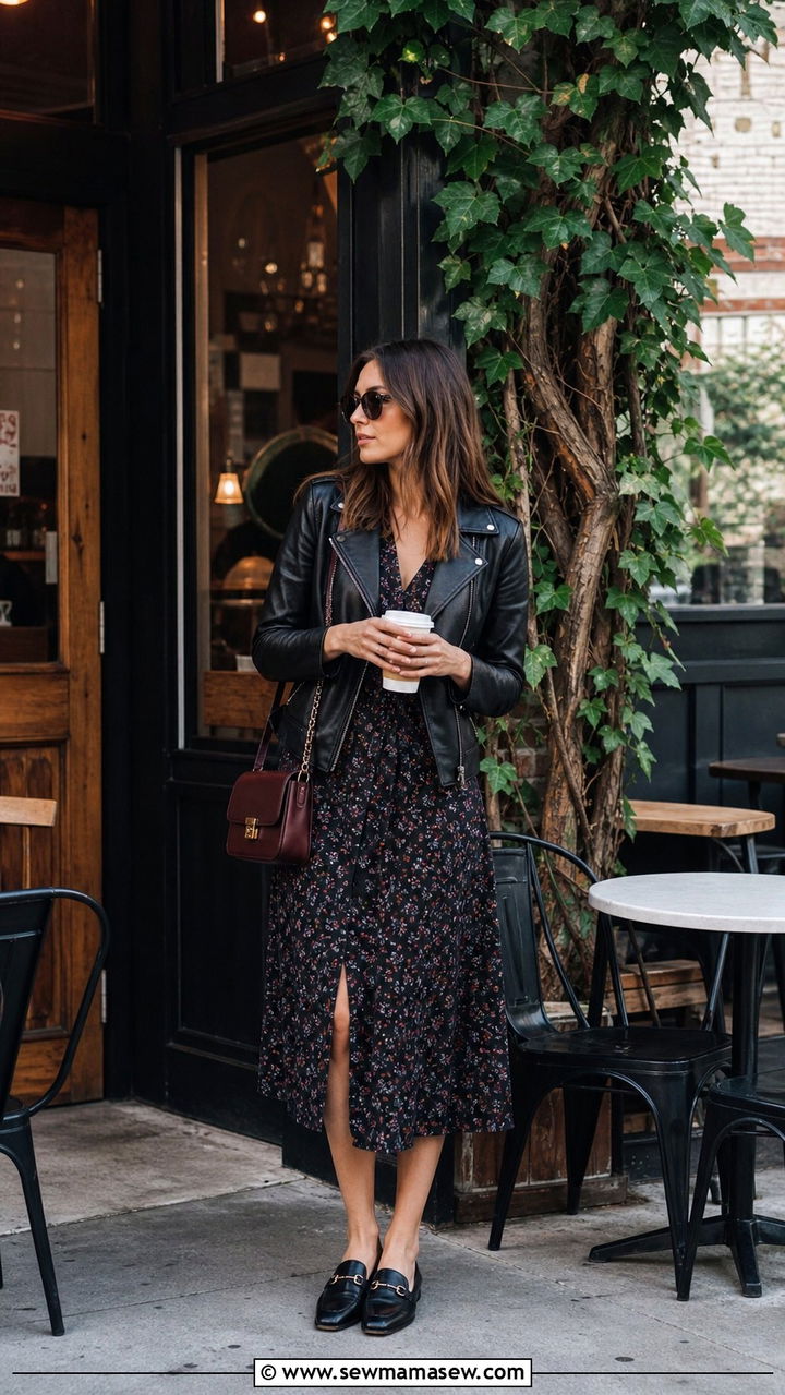 Leather jacket floral midi dress spring brunch outfit - 40 Spring brunch outfits