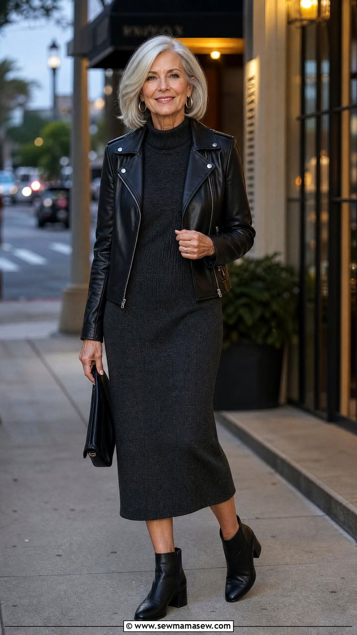 Leather jacket layered over a knit midi dress - 30 Chic outfits for women over 60