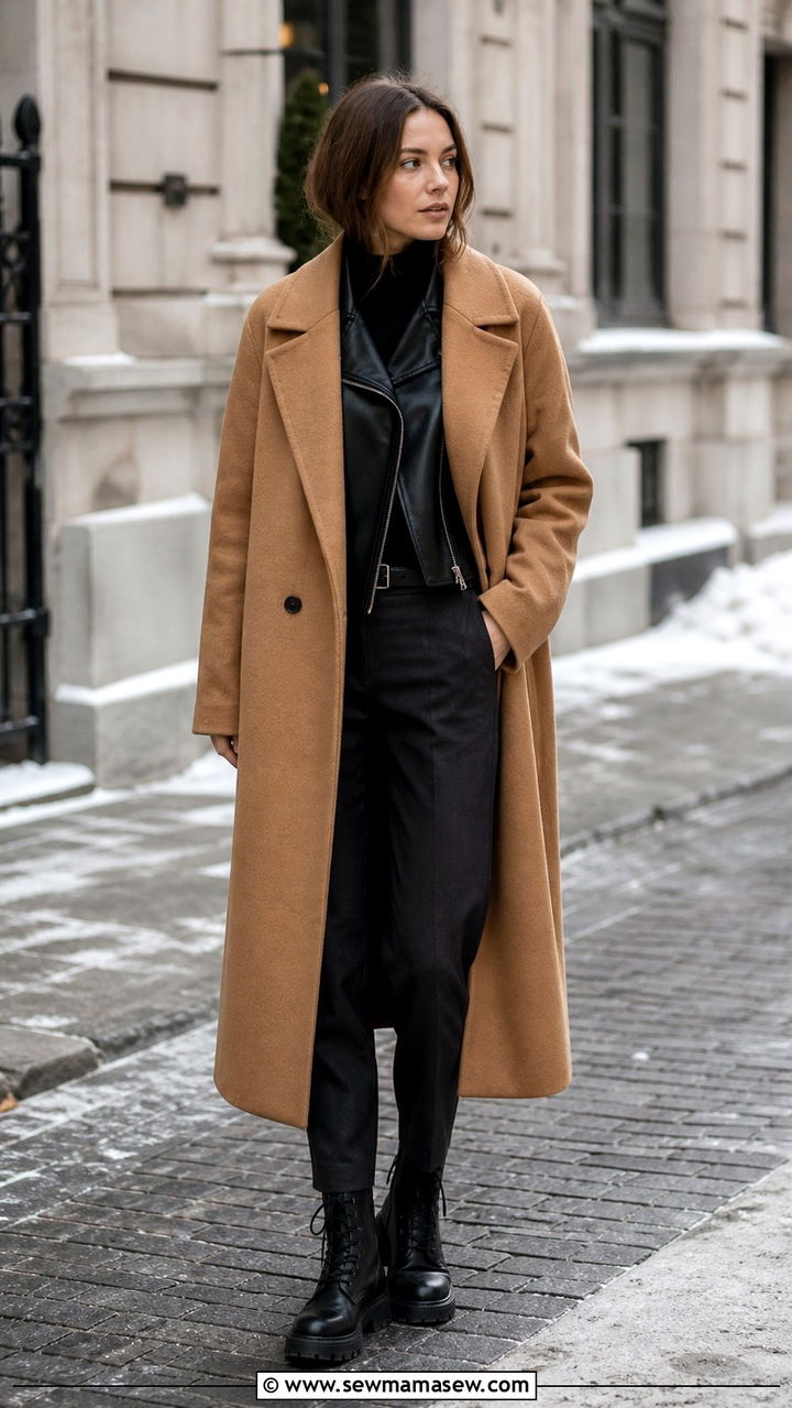 Leather jacket layered under a wool coat - 40 leather jacket outfit ideas
