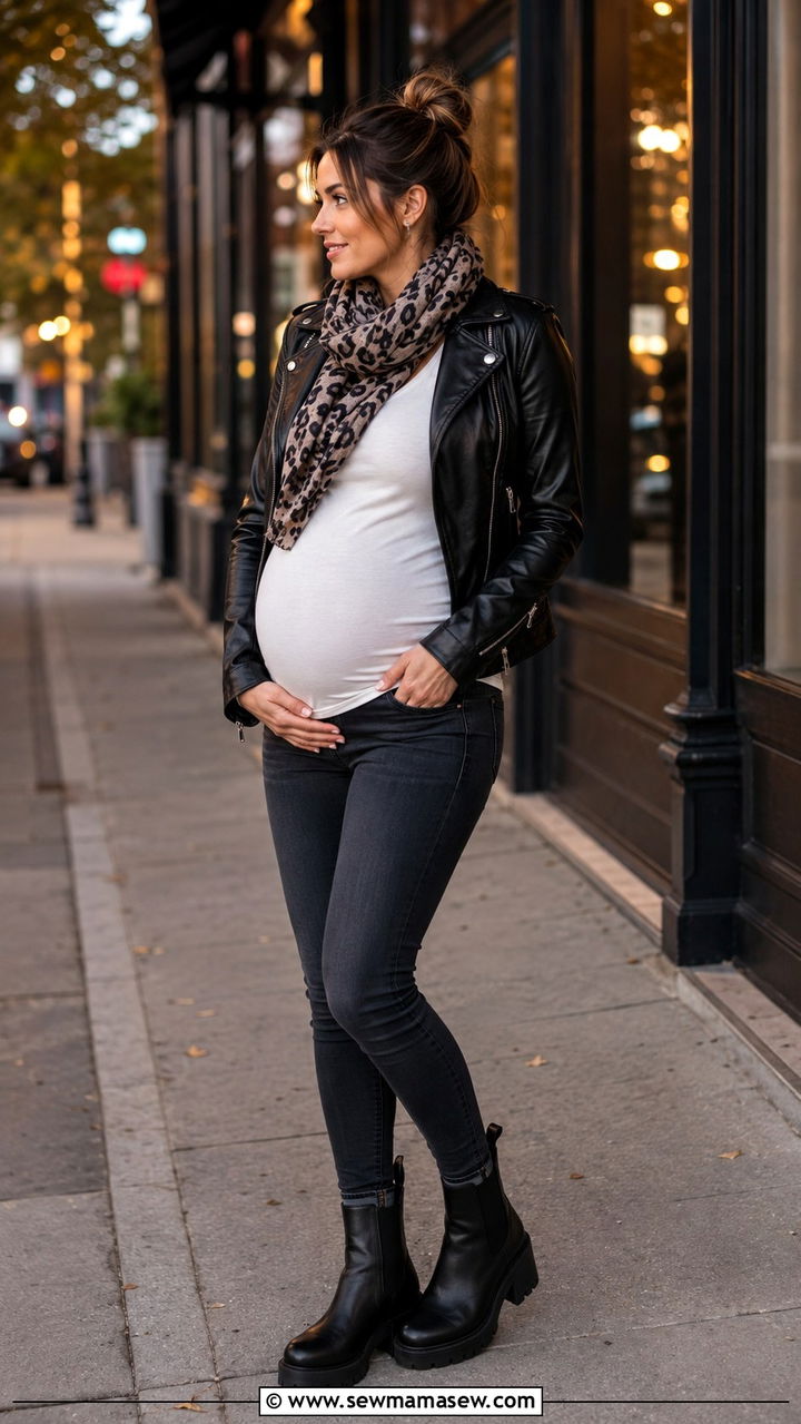 Leather jacket maternity outfit casual - 25 Mom to be outfit ideas