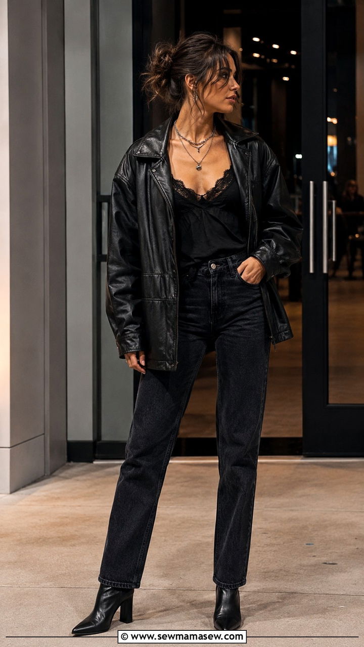 Leather jacket over a lace trimmed cami - 30 Indie girl outfit ideas