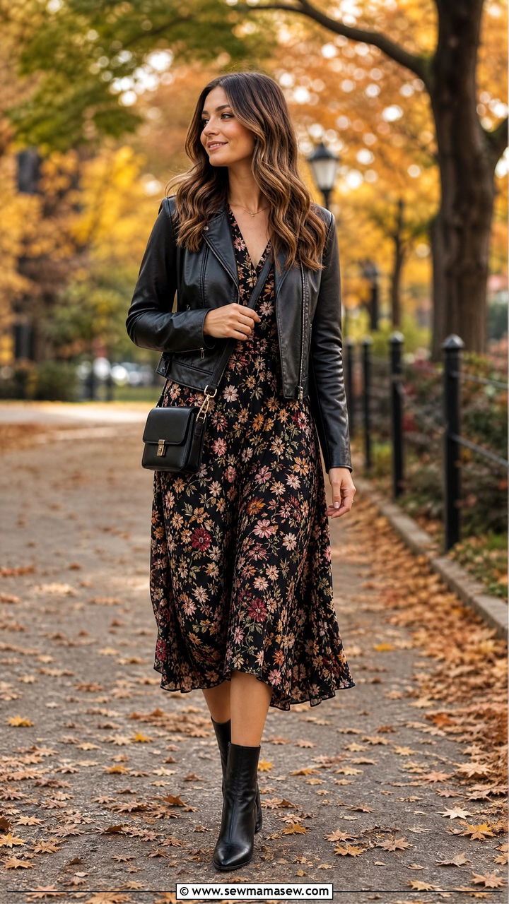 Leather jacket over floral midi dress - 35 Layering outfits for changing weather