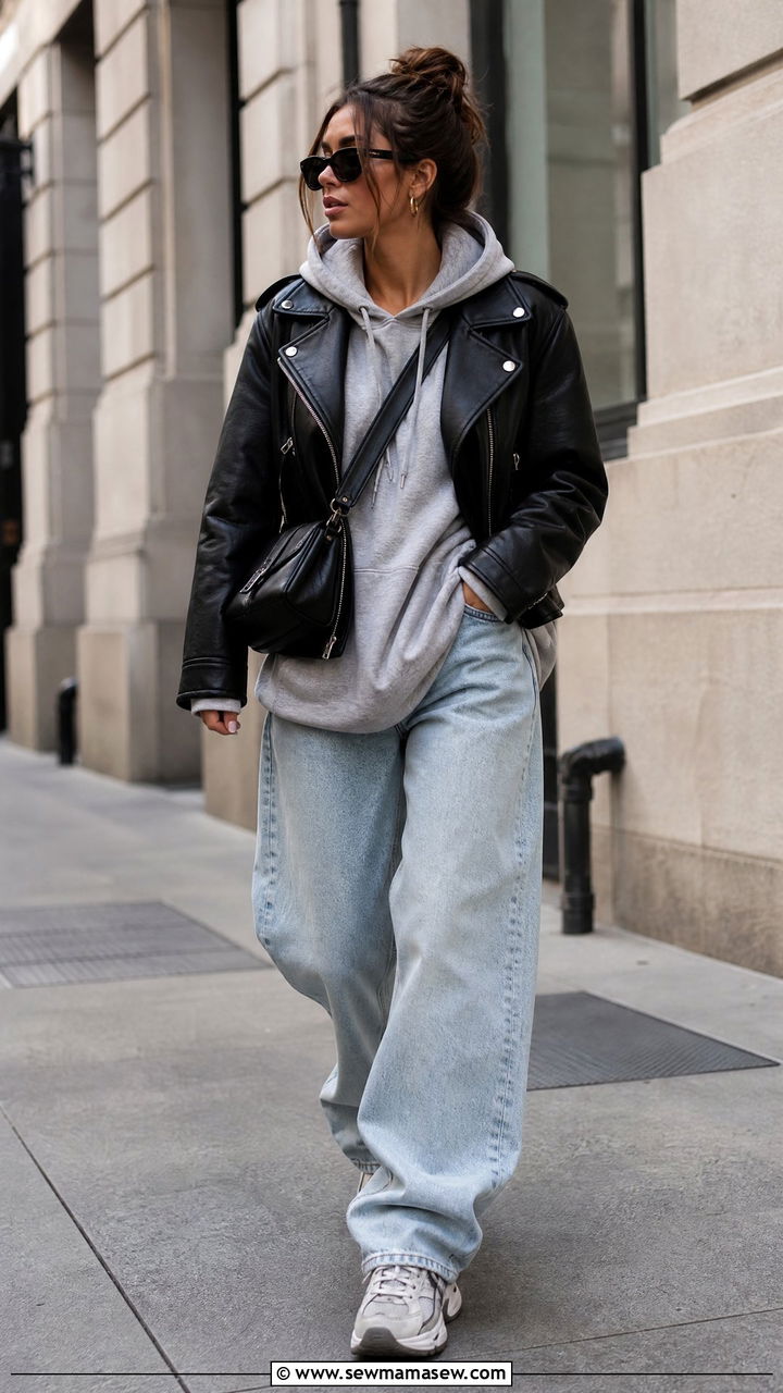 Leather jacket over hoodie with baggy jeans and sneakers - 25 How to style baggy jeans
