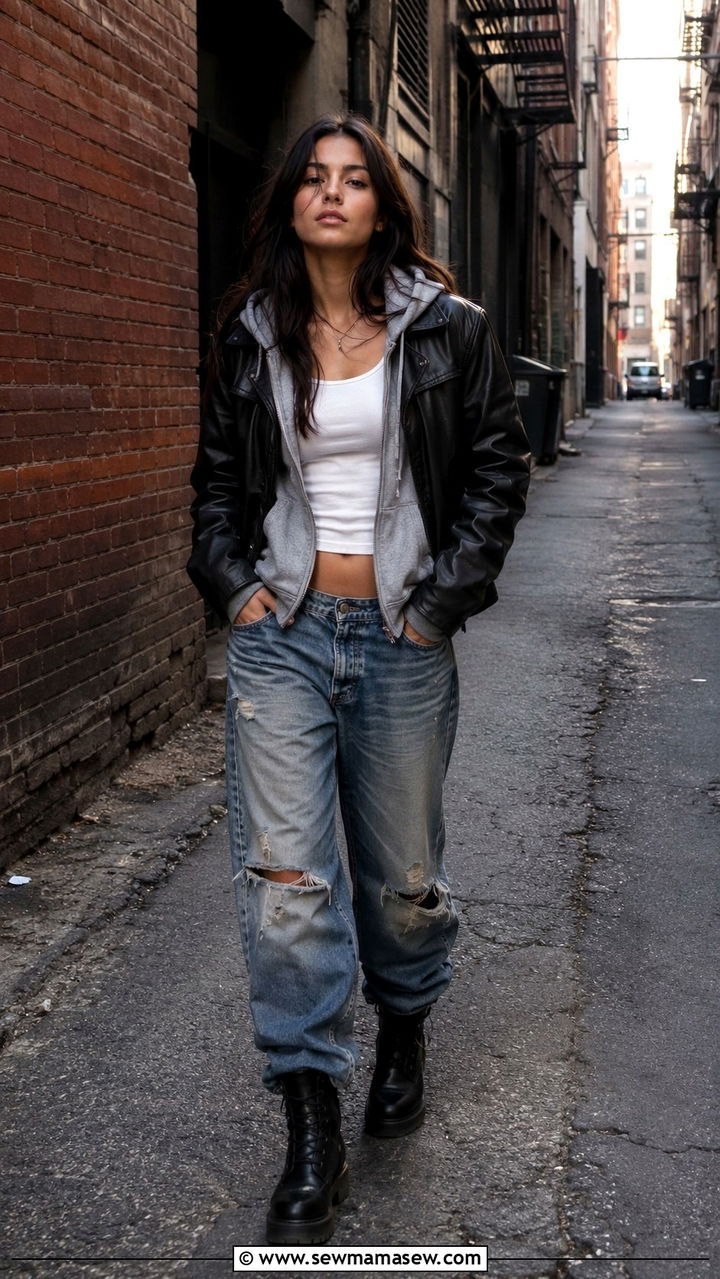Leather jacket over hoodie with distressed denim - 30 grunge outfits to copy