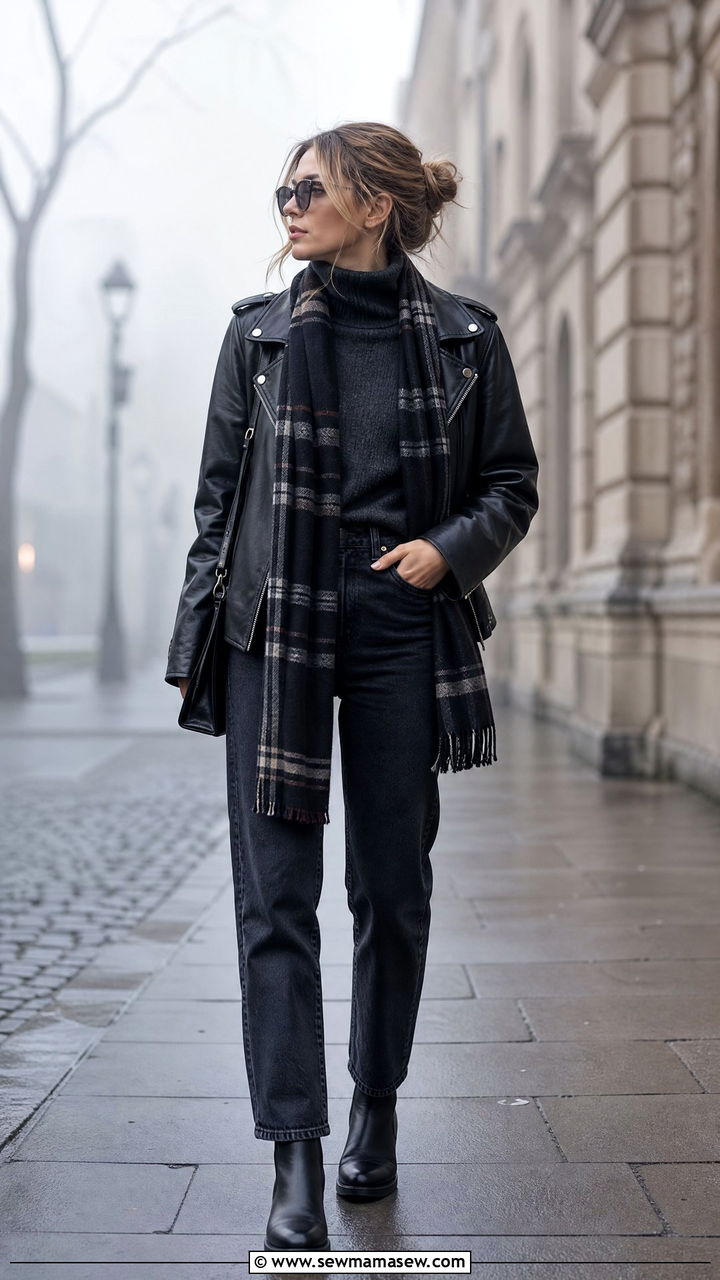 Leather jacket with a cozy scarf and straight leg jeans - 25 Foggy day outfit ideas