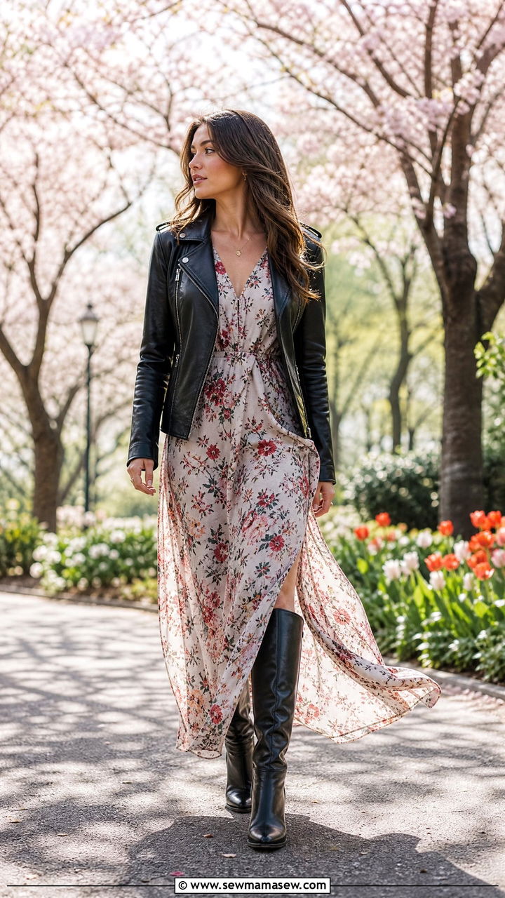 Leather jacket with a floral maxi dress and riding boots - 25 Spring outfits with riding boots
