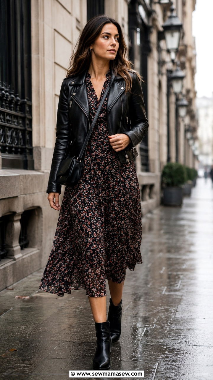 Leather jacket with a floral midi dress and ankle boots - 30 spring city break outfit ideas