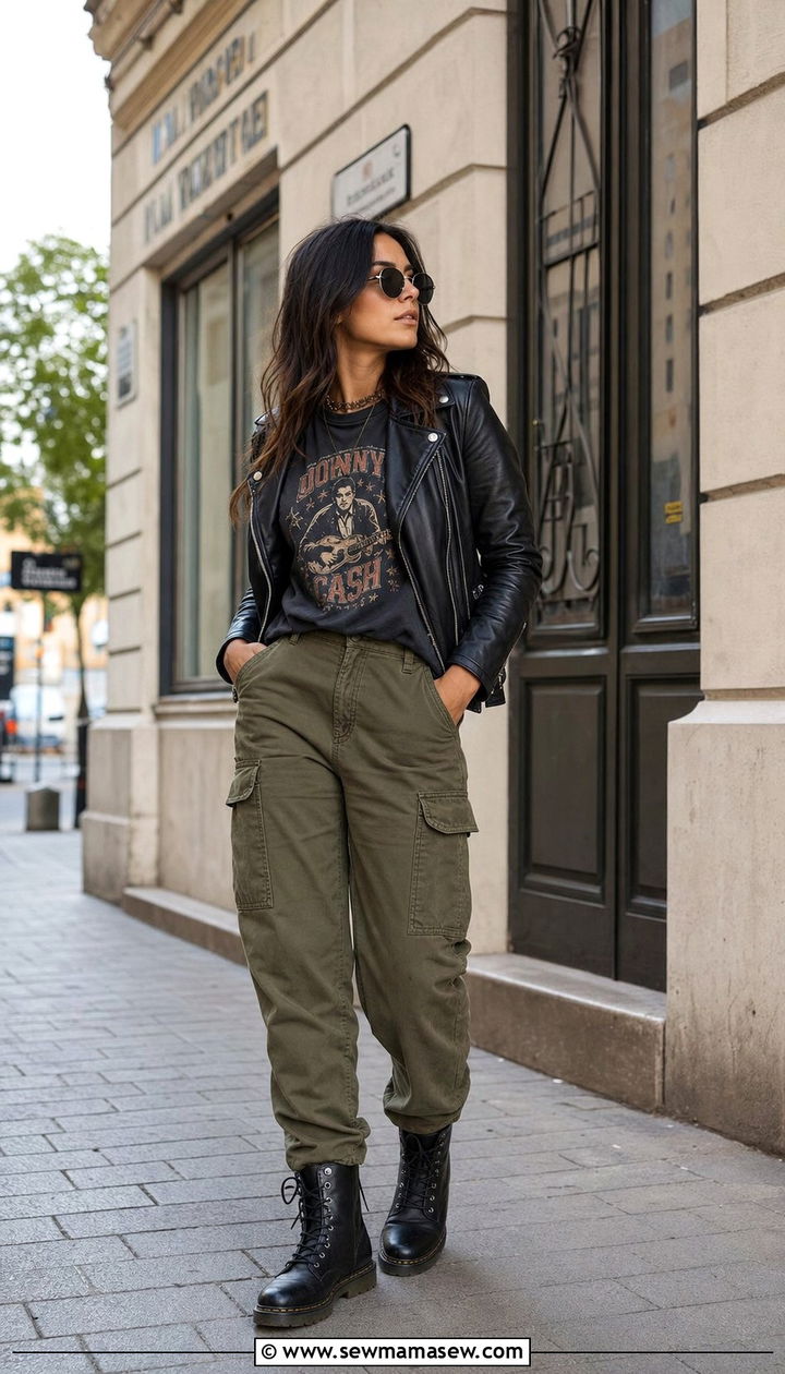 Leather jacket with a graphic tee and cargo pants - 25 Study abroad outfit ideas