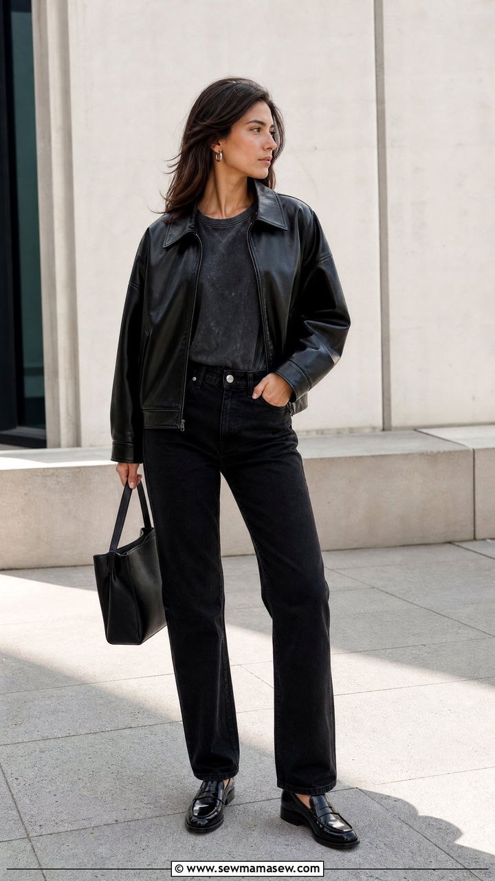 Leather jacket with black denim outfit - 35 Model off duty outfit ideas