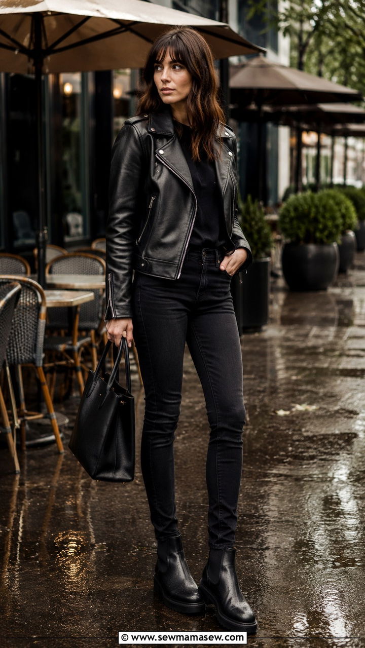 Leather jacket with black jeans and Chelsea boots - 30 Rainy day weekend outfit ideas