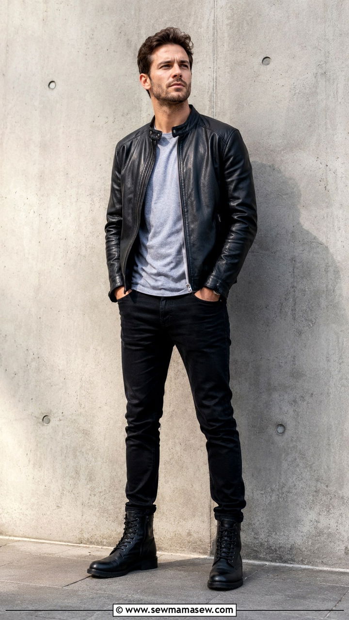 Leather jacket with black jeans and combat boots - 20 Startup founder outfit ideas