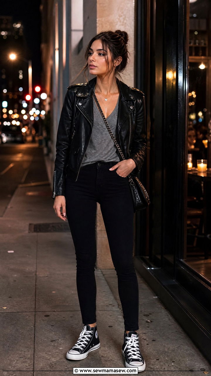 Leather jacket with black skinny jeans and high top sneakers - 35 Jeans and sneakers outfit ideas over 40