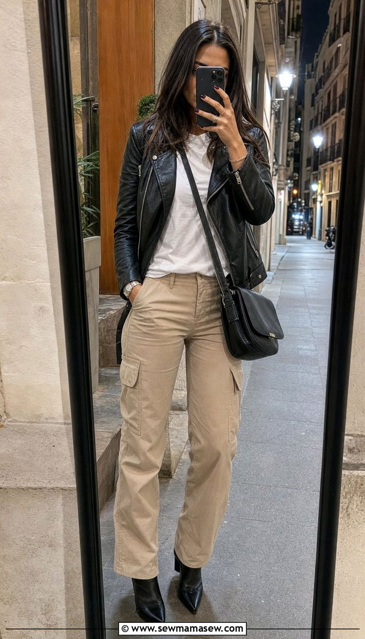 Leather jacket with cargo pants and ankle boots - 25 spring cargo pants outfit ideas