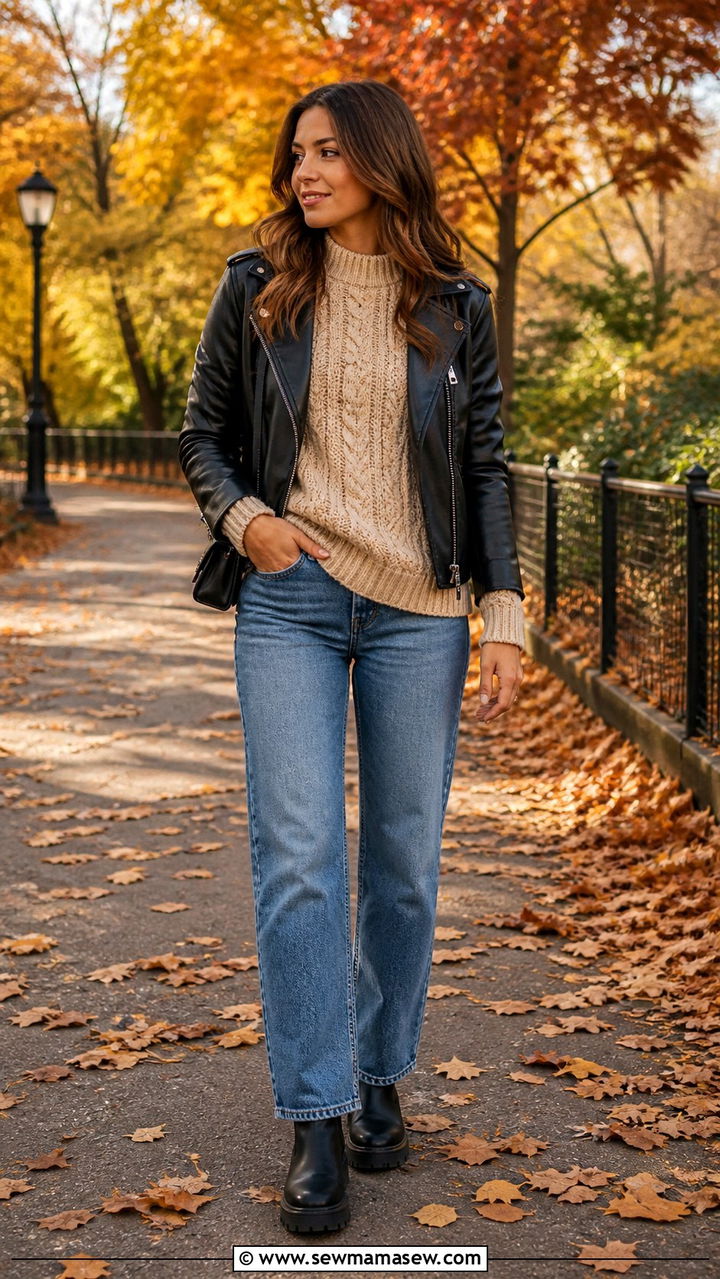 Leather jacket with chunky knit sweater and straight leg jeans - 40 leather jacket outfit ideas