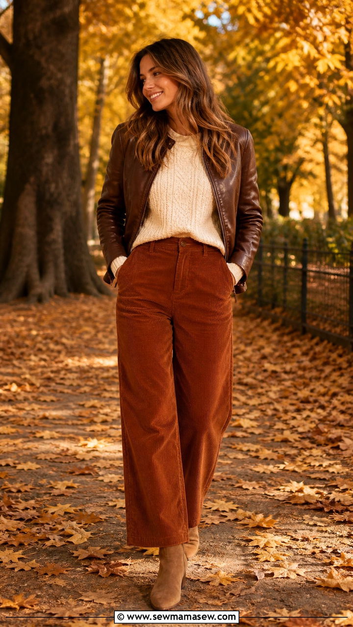 Leather jacket with corduroy pants and suede ankle boots - 40 leather jacket outfit ideas