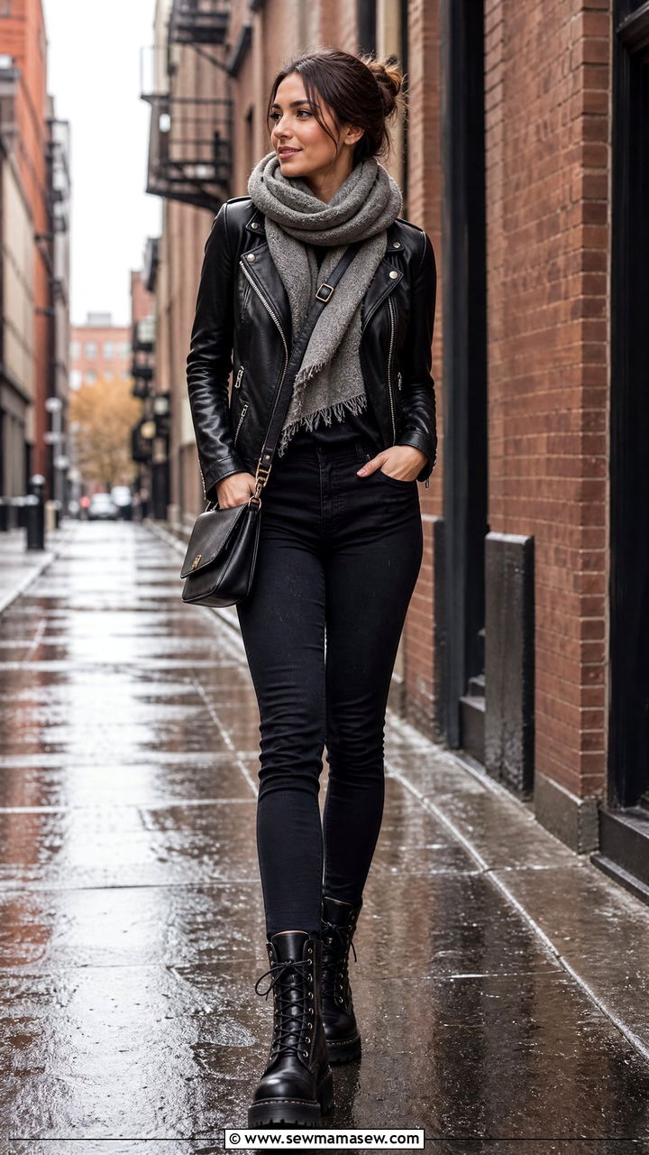 Leather jacket with dark denim and combat boots - 30 Cozy rainy day outfit ideas