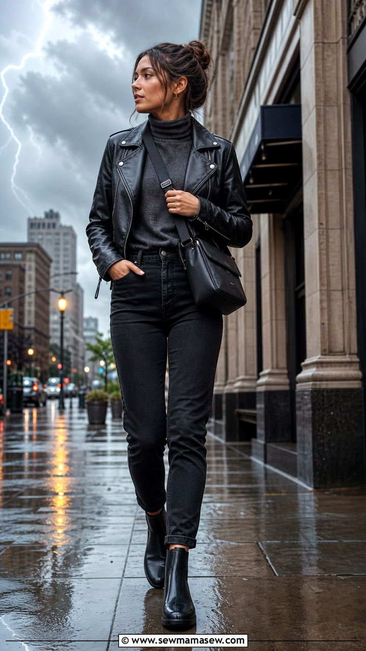 Leather jacket with dark denim storm look - 20 Thunderstorm outfit ideas