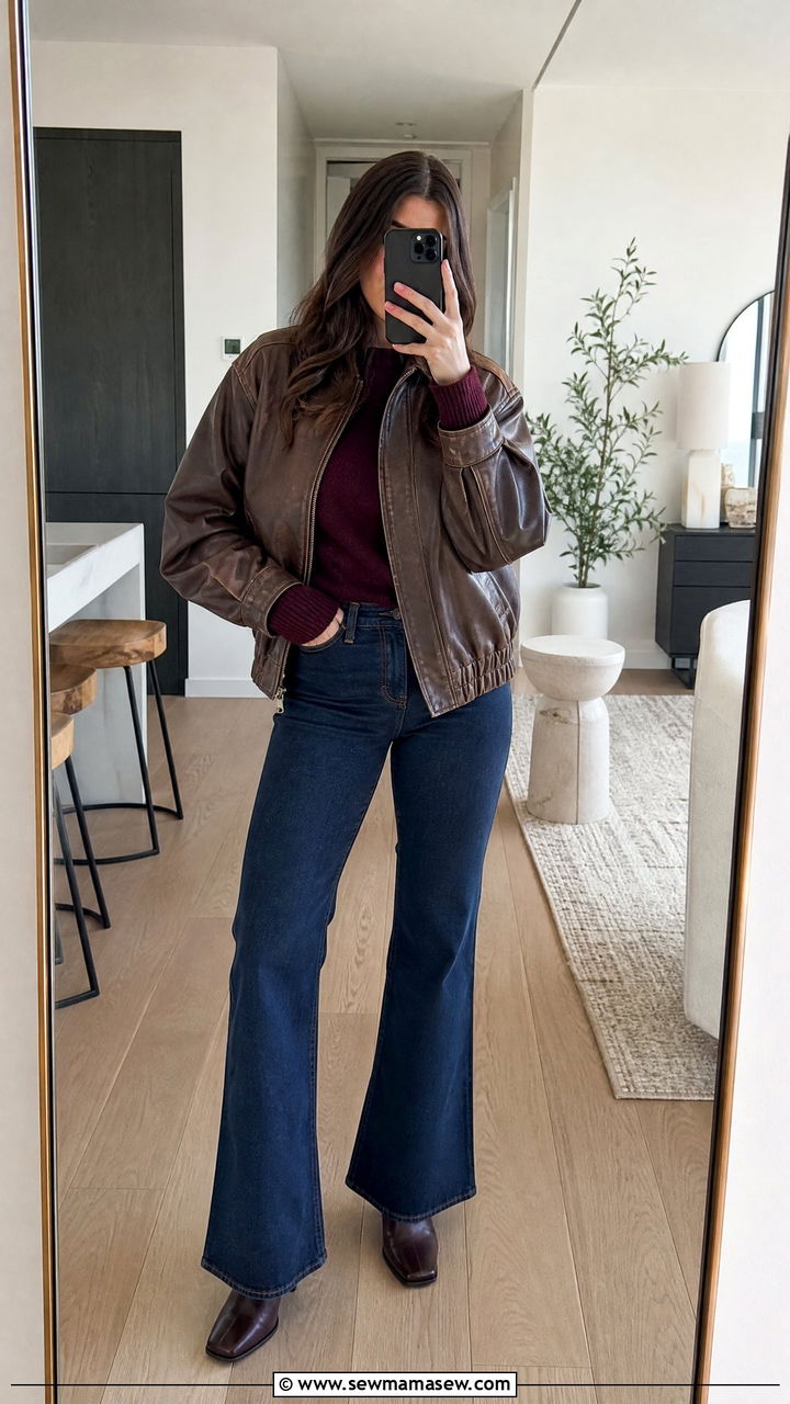 Leather jacket with flared jeans - 25 windy day outfits 2026