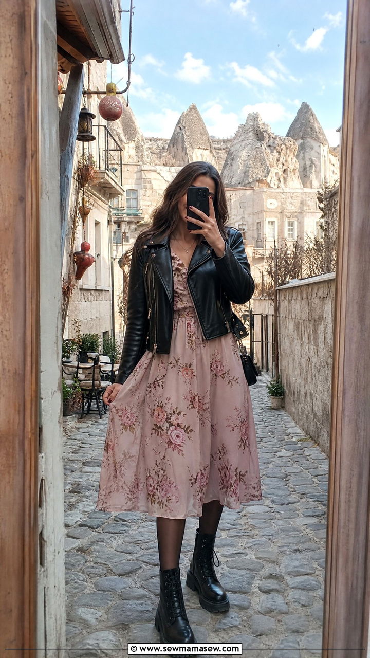 Leather jacket with floral dress Cappadocia outfit - 25 Cappadocia outfit ideas