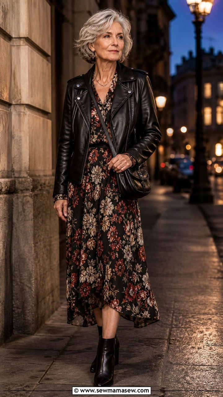 Leather jacket with floral dress outfit for women over 60 - 40 How to dress in your 60s