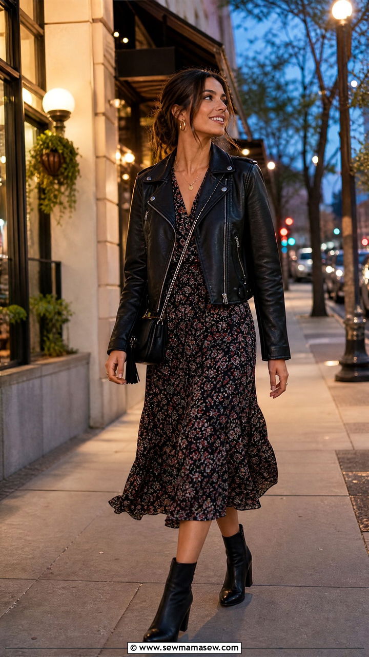 Leather jacket with floral midi dress - 30 Cool evening outfit ideas