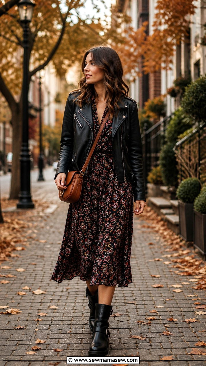 Leather jacket with floral midi dress and biker boots - 40 trendy outfits