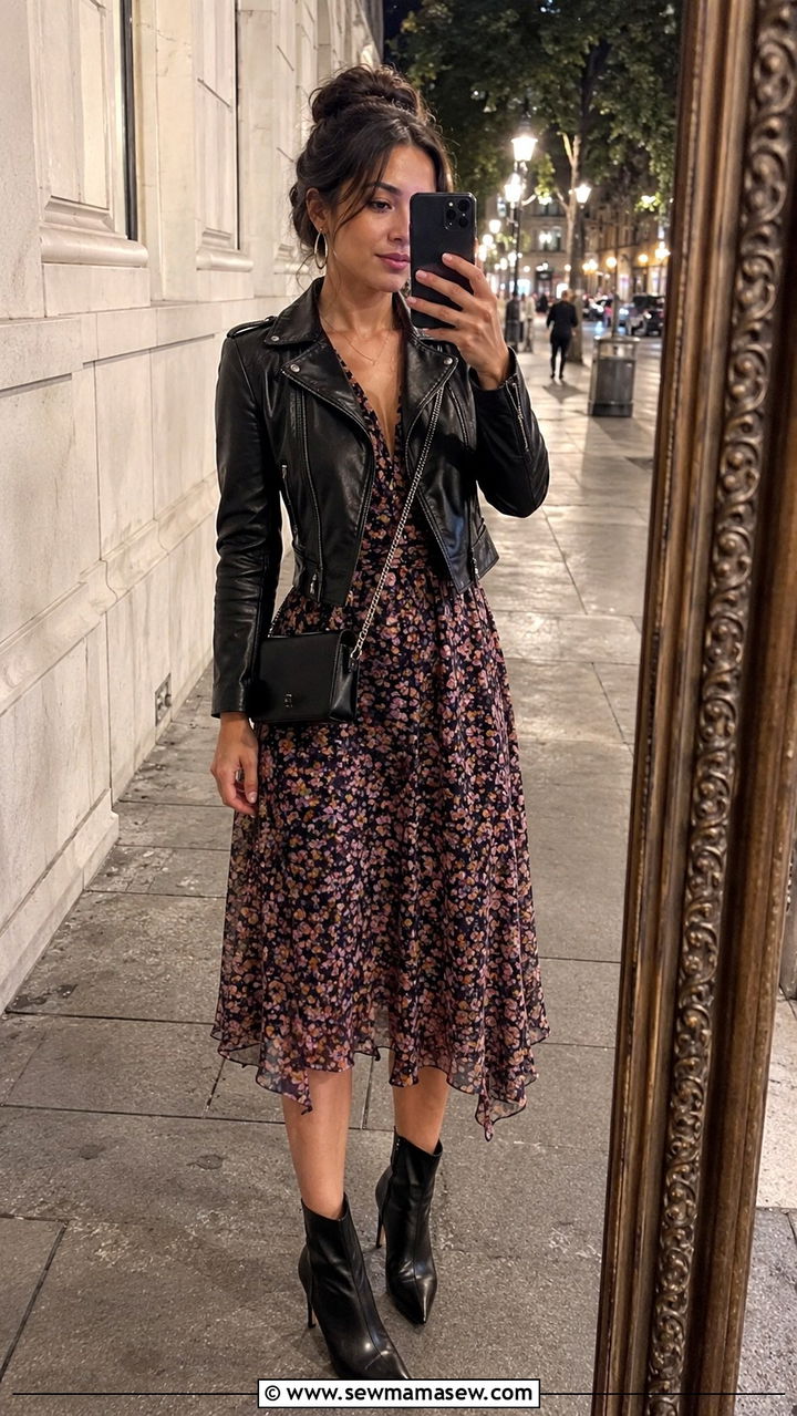 Leather jacket with floral midi dress outfit - 25 Petite Parisian outfit ideas