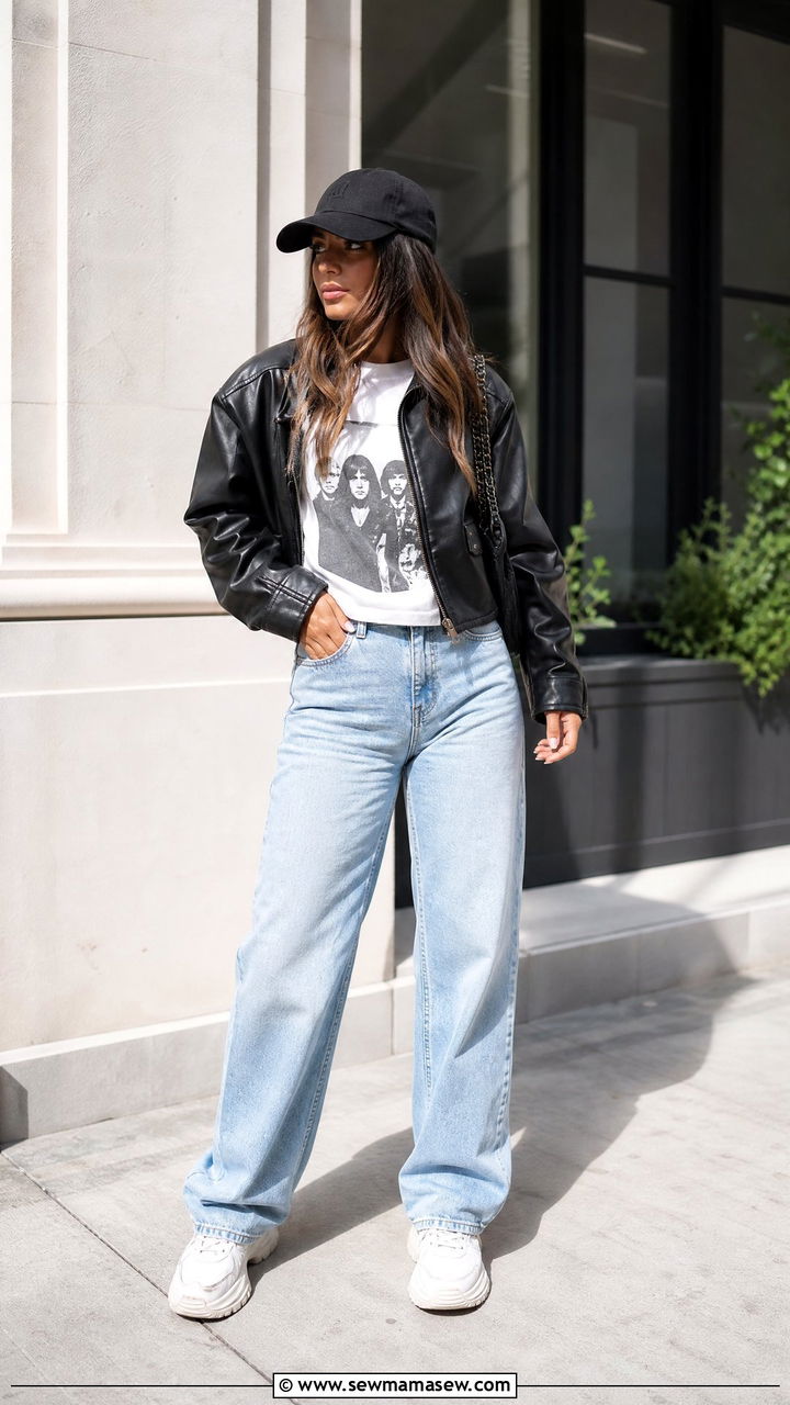 Leather jacket with graphic tee and sneakers - 35 How to style a leather jacket