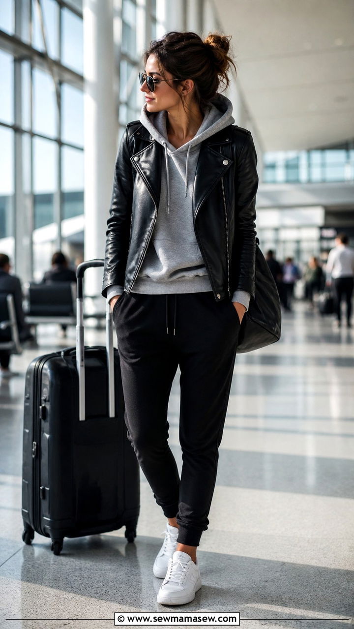 Leather jacket with hoodie and joggers - 40 leather jacket outfit ideas