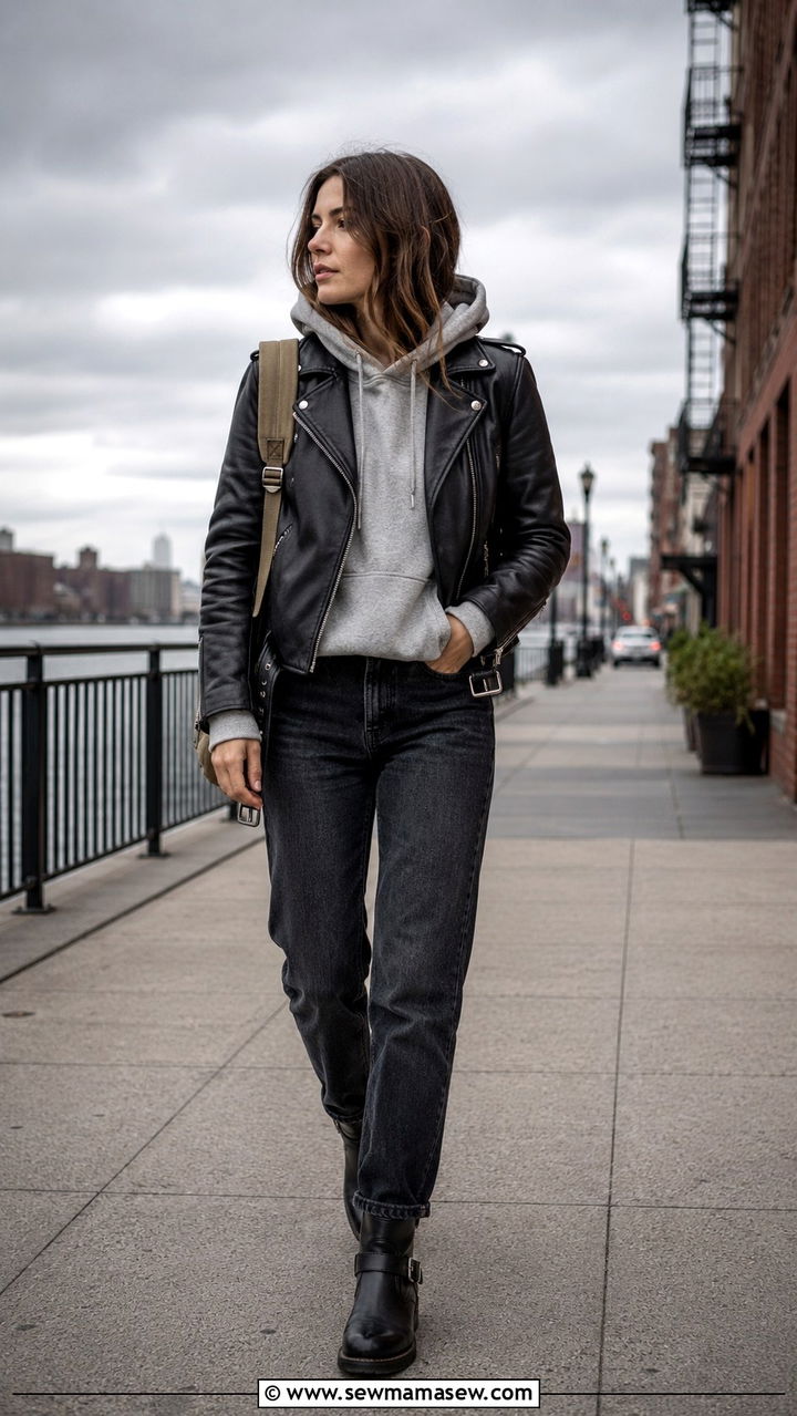 Leather jacket with hoodie and straight leg jeans - 30 Overcast day outfit ideas