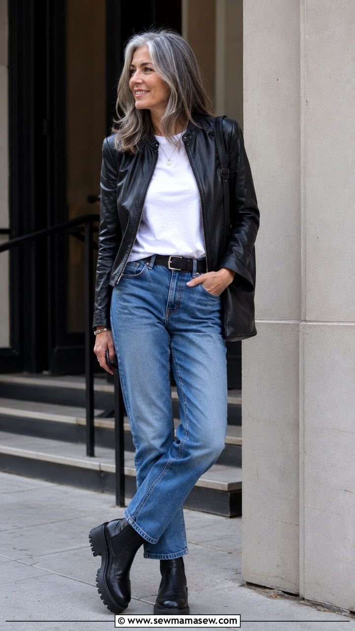 Leather jacket with jeans and chunky boots - 20 Jeans and boots outfit ideas over 50