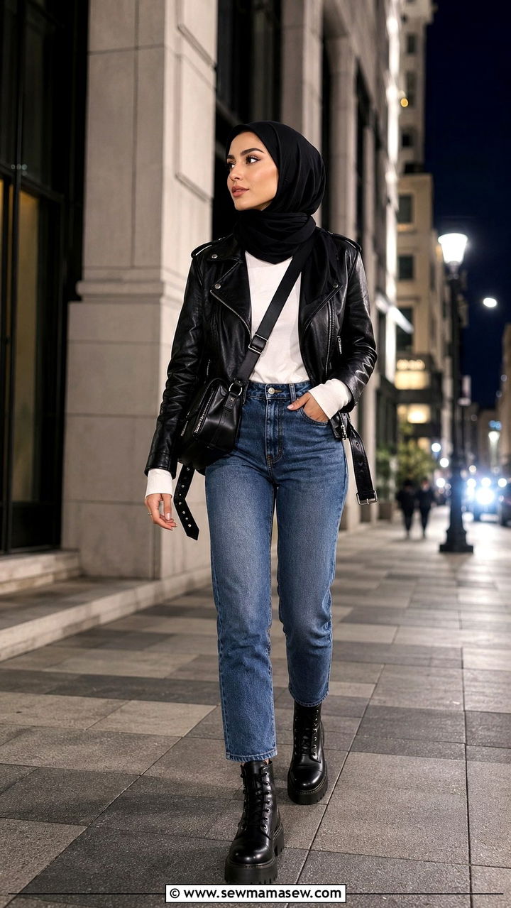 Leather jacket with jeans and hijab - 25 outfit ideas for hijab women