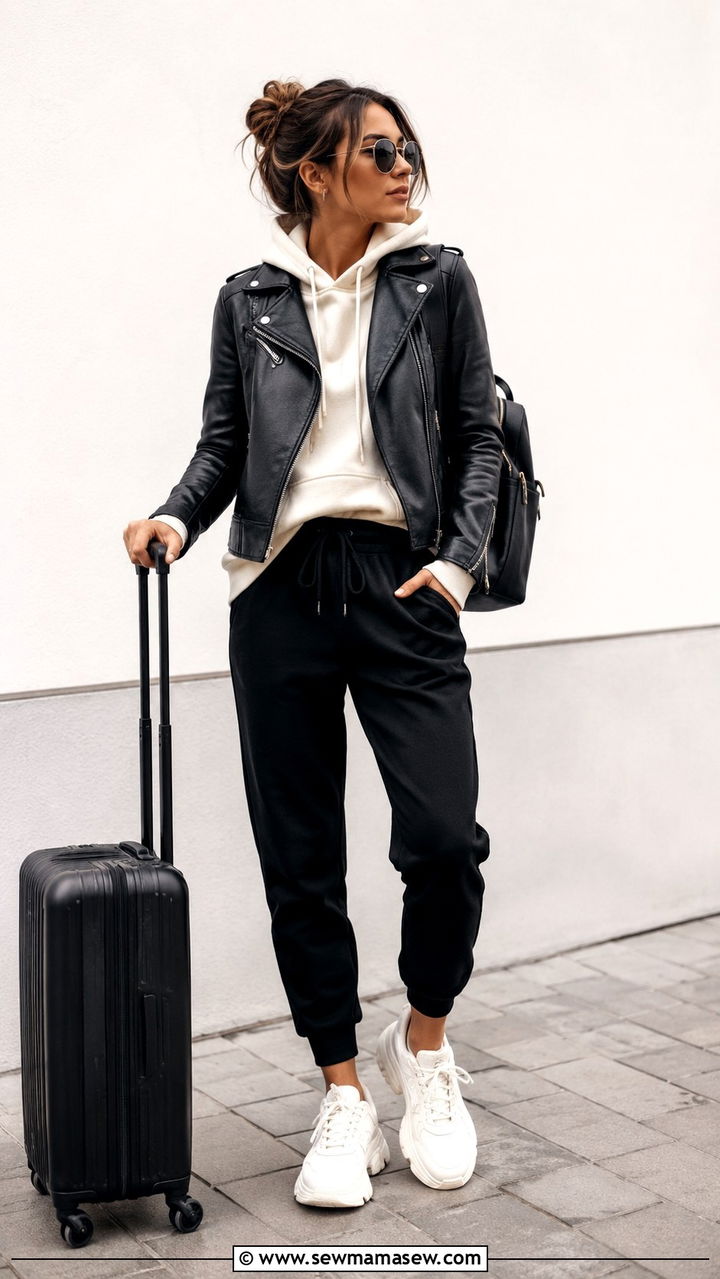 Leather jacket with joggers and hoodie - 30 Spring outfits with leather jackets