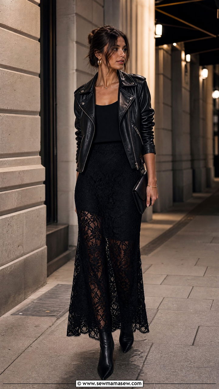 Leather jacket with lace maxi skirt - 35 maxi skirt outfits for women