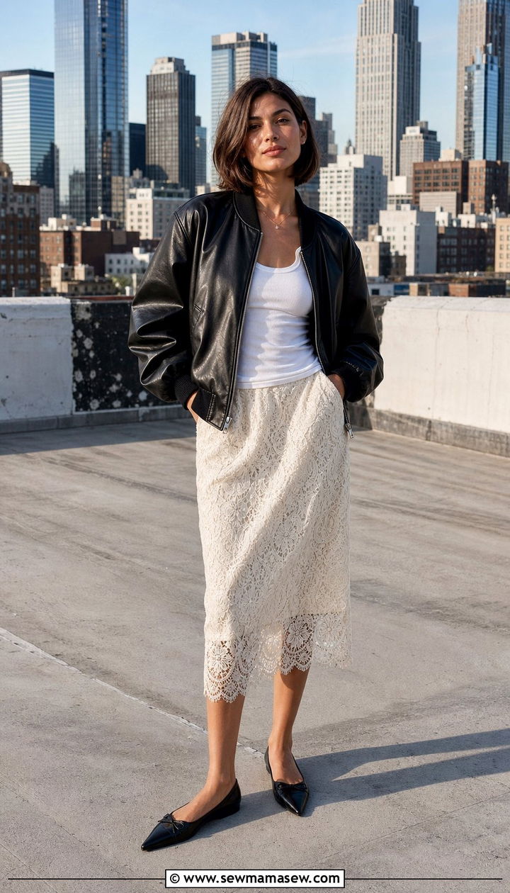 Leather jacket with lace midi skirt outfit - 35 Casual chic spring outfit ideas 2026