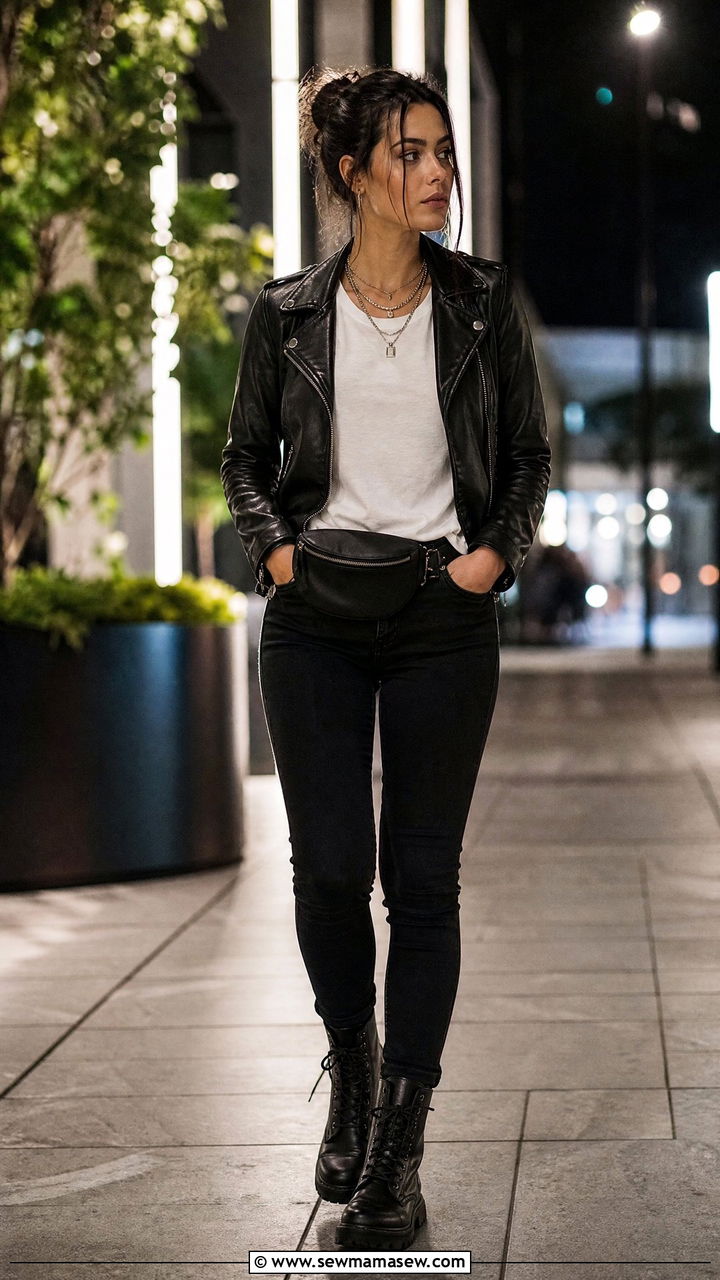 Leather jacket with layered necklaces - 25 Layered necklaces outfit ideas