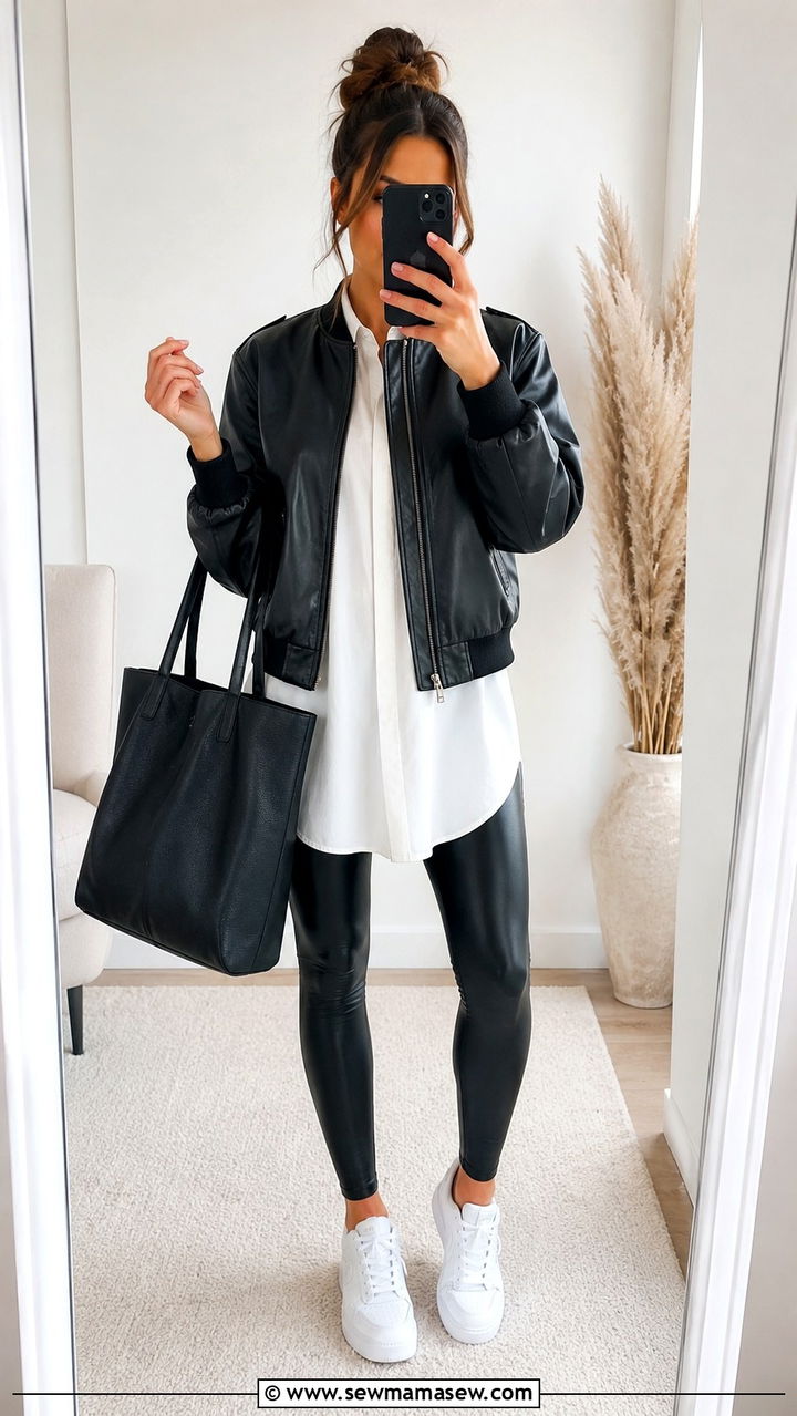 Leather jacket with leggings and tunic - 30 Spring outfits with leather jackets