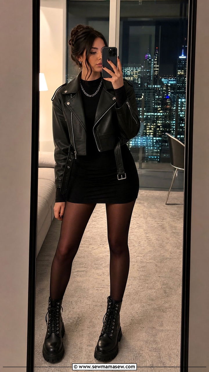 Leather jacket with little black dress - 35 How to style a leather jacket