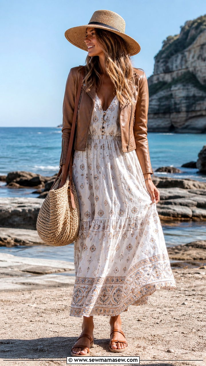 Leather jacket with maxi dress and flat sandals - 40 leather jacket outfit ideas