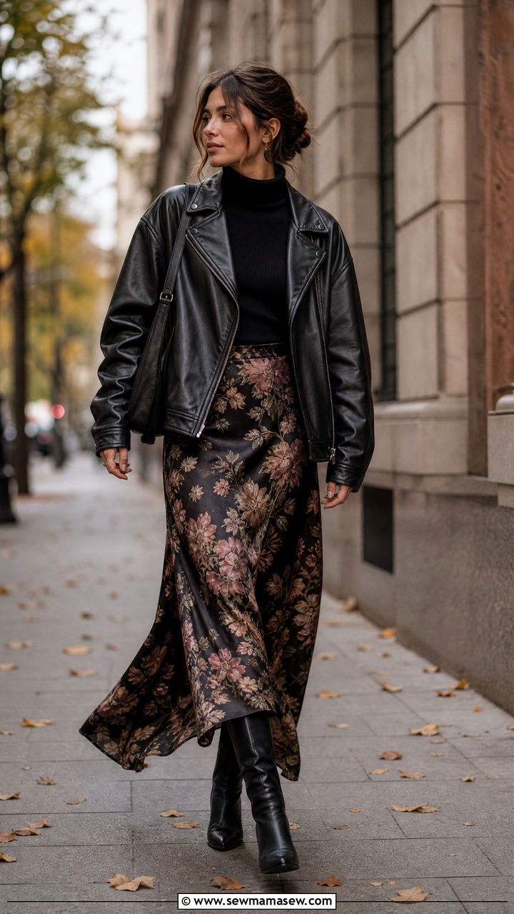 Leather jacket with maxi skirt and boots - 35 How to style a leather jacket