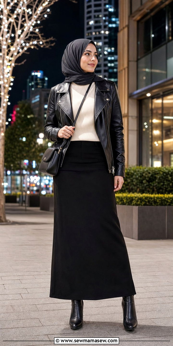 Leather jacket with maxi skirt and turtleneck top - 25 classy outfits for hijab women