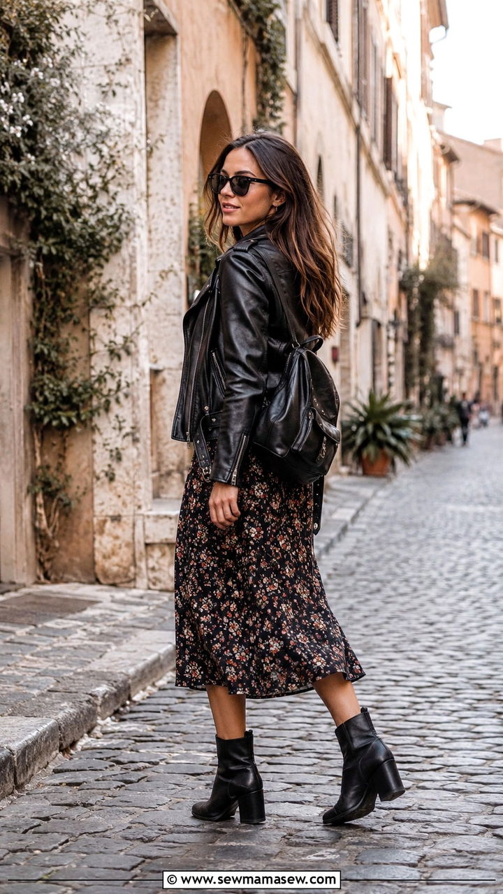 Leather jacket with midi dress and ankle boots Rome outfit - 25 Rome outfit ideas