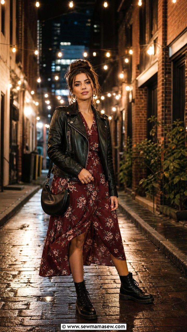 Leather jacket with midi dress and combat boots - 40 What to wear in Boston